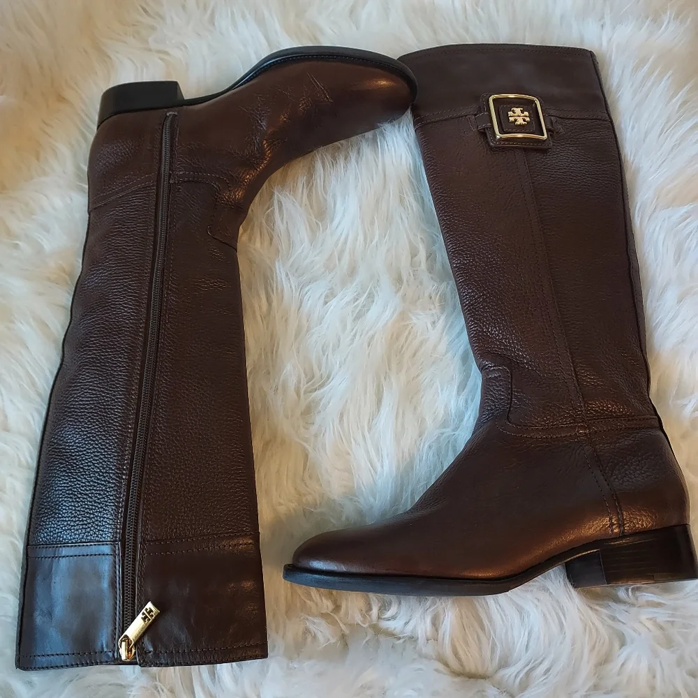 Tory Burch Julian Deep Brown Pebble Leather Riding Boots with Equestrian Style